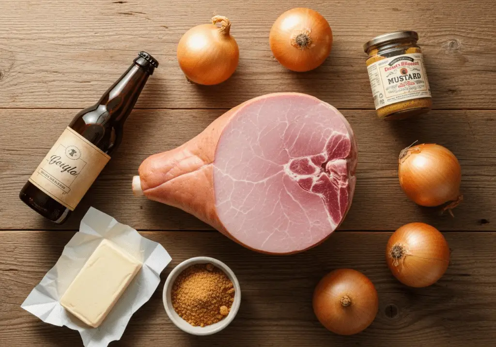 Ingrédients jambon bière : viande bière brune oignons beurre cassonade moutarde