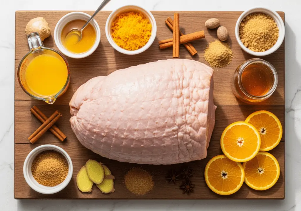 Ingrédients jambon Noël épices pain épices orange miel complets aromatiques