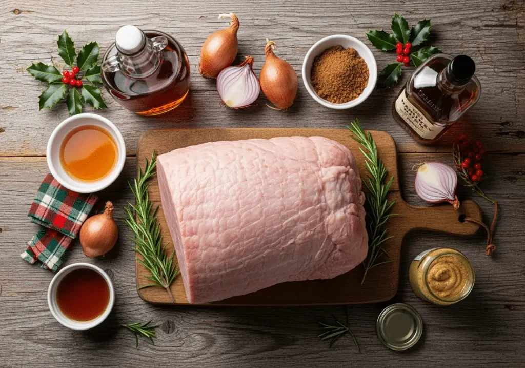 Ingrédients de qualité jambon Noël érable whisky disposés style festif