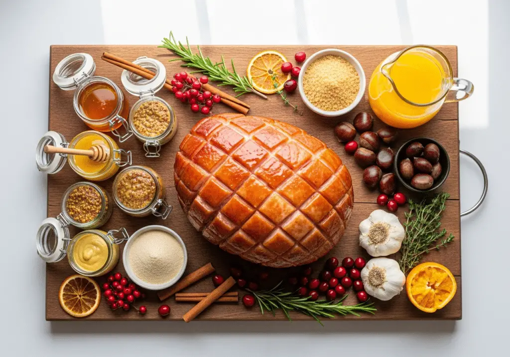 Ingrédients jambon Noël miel moutarde châtaignes cranberries complets