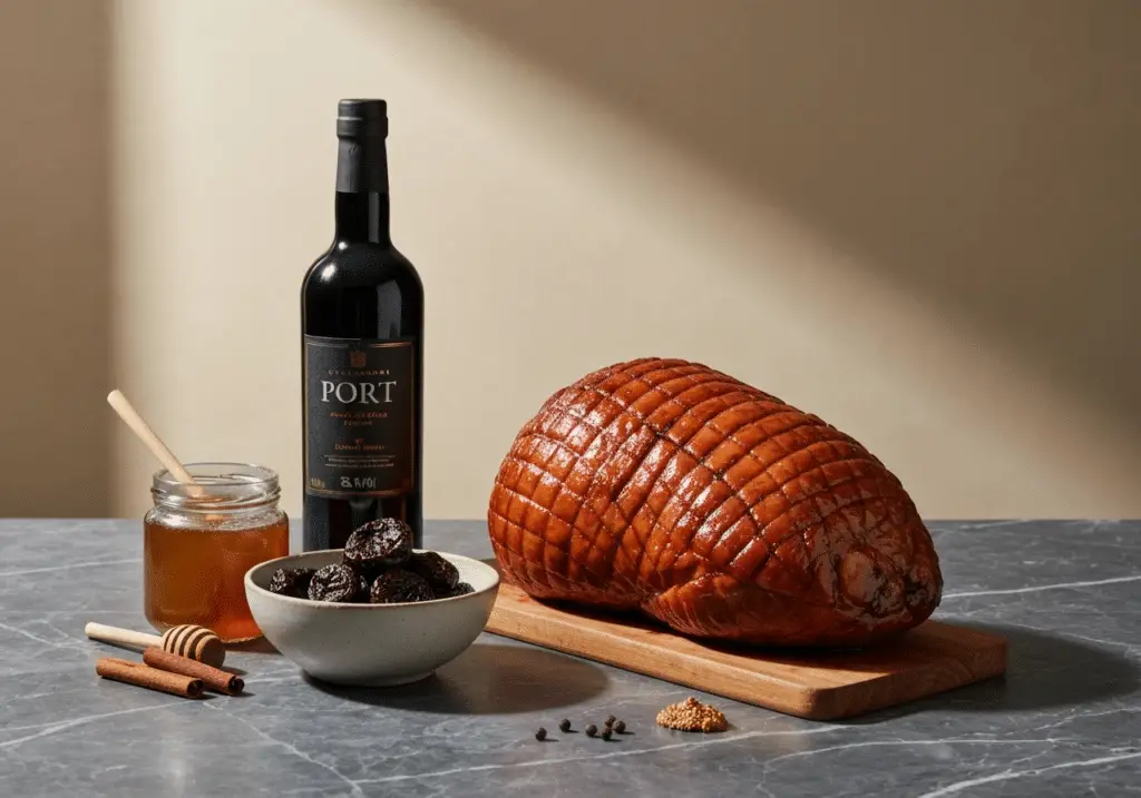 Ingrédients jambon porto pruneaux vin noble fruits secs luxueux raffinés