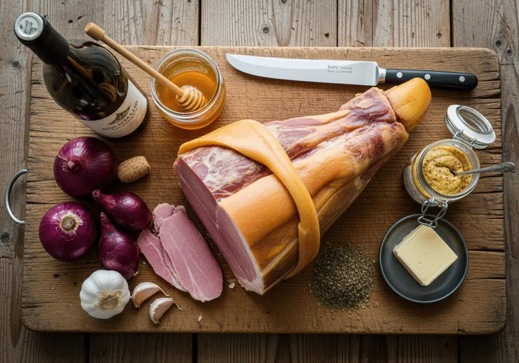 ingrédients jambon au vin blanc échalotes herbes de Provence