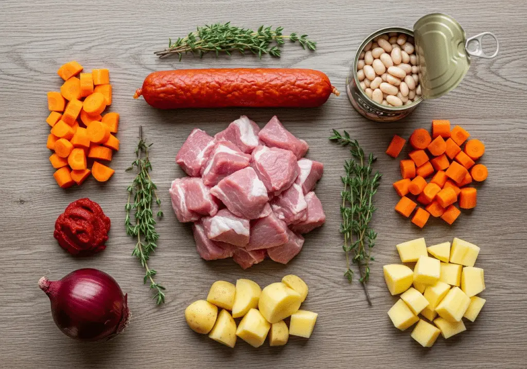 Ingrédients mijoté porc : sauté chorizo haricots coco carottes pommes terre oignons