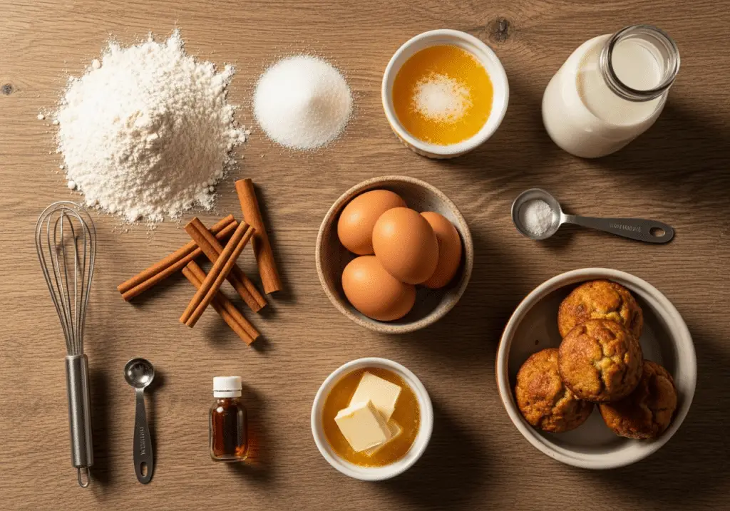 Ingrédients simples muffins pain perdu cannelle disposés style chaleureux matinal