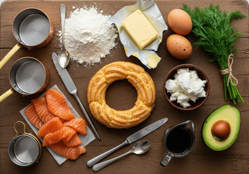 Ingrédients nobles Paris-Brest saumon avocat disposés style gastronomique élégant