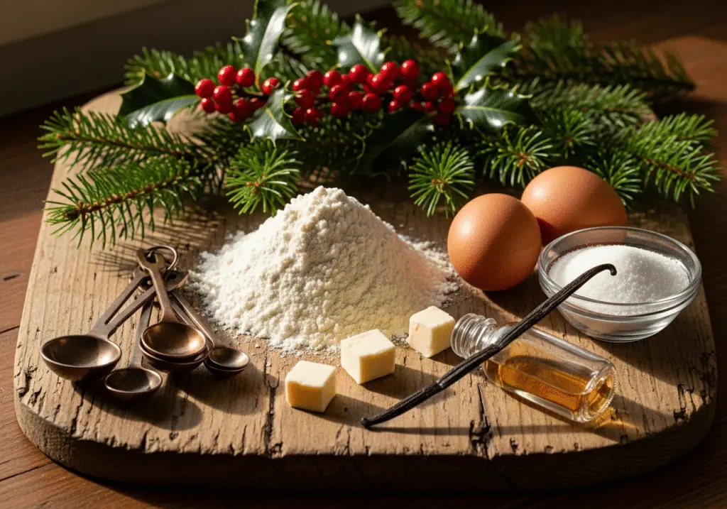 Ingrédients pâte sablée biscuits Noël disposés bois rustique