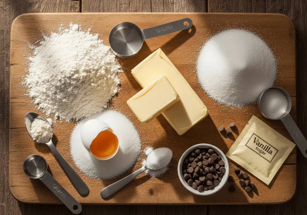 Ingrédients petits sablés pépites chocolat sept composants simples basiques