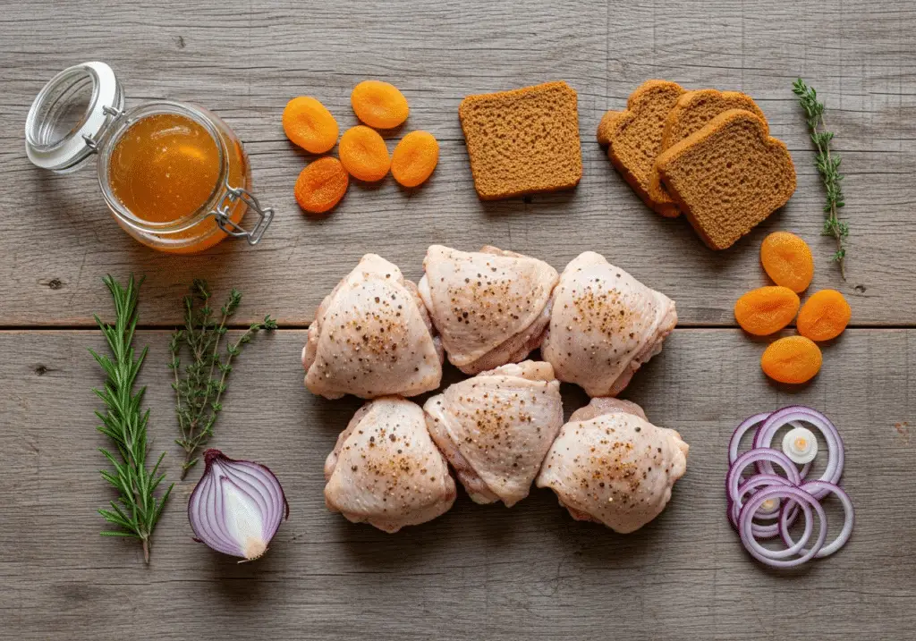 Ingrédients poulet mijoté : cuisses pain épices abricots miel oignon
