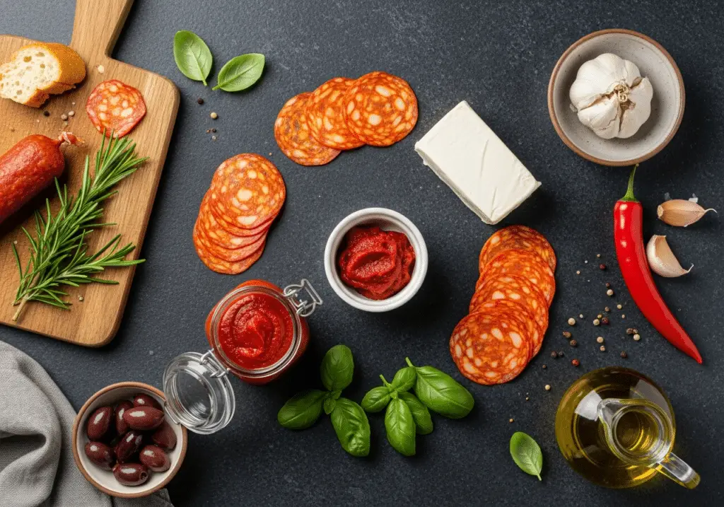 Ingrédients simples pour rillettes chorizo maison disposés style méditerranéen