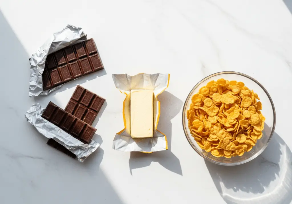 Ingrédients roses sables simples trois composants chocolat beurre céréales