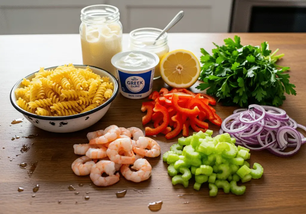 Ingrédients salade pâtes crevettes frais colorés complets