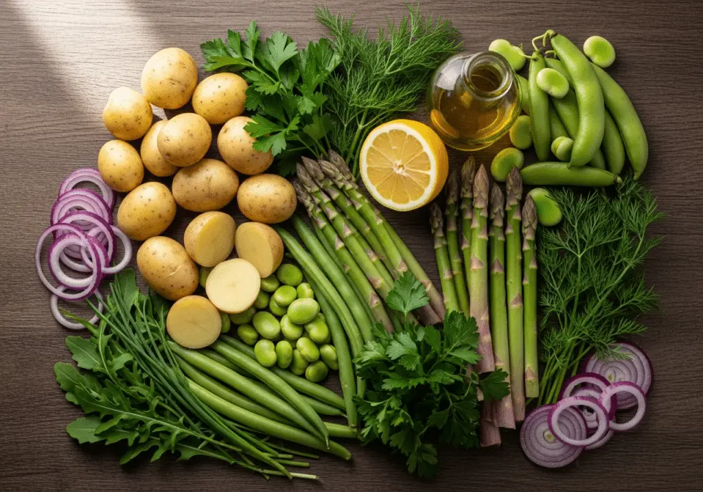 Ingrédients frais salade pommes terre haricots verts disposés style végétal sain