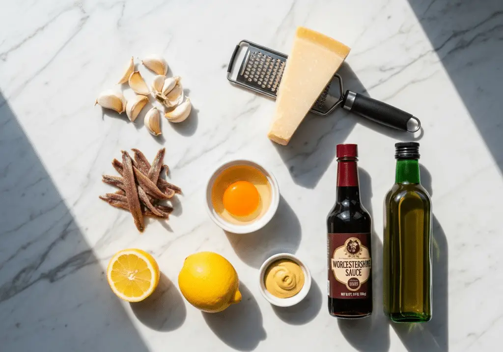 Ingrédients sauce Caesar : ail anchois œuf parmesan citron Worcestershire