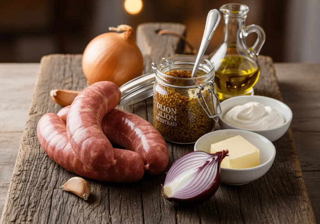 Ingrédients saucisses moutarde oignons fondants simples bistrot traditionnels