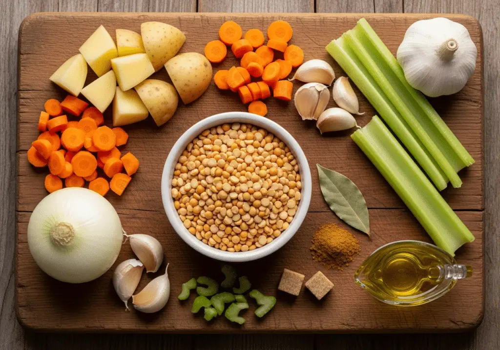 Ingrédients soupe pois cassés campagnarde légumes aromates simples