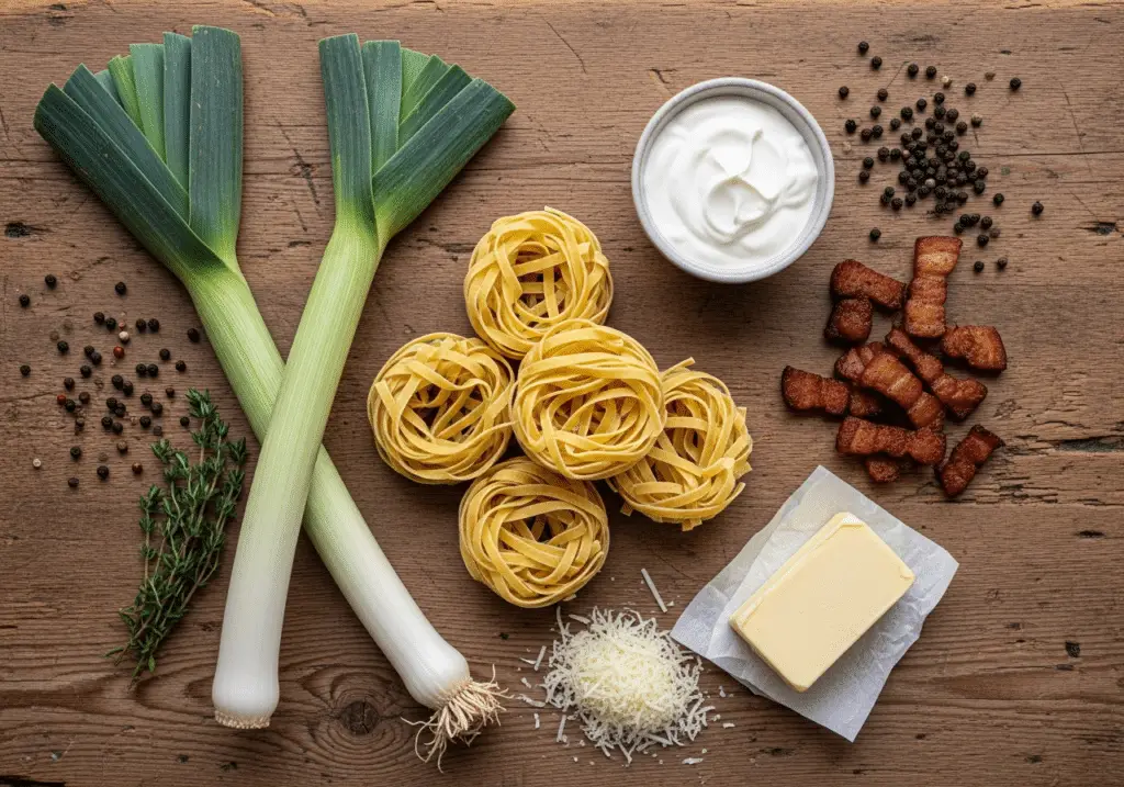 Ingrédients frais pour tagliatelles crème de poireaux disposés style rustique