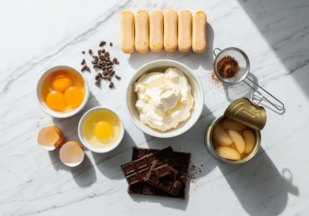 Ingrédients tiramisu chocolat : mascarpone œufs chocolat poires biscuits