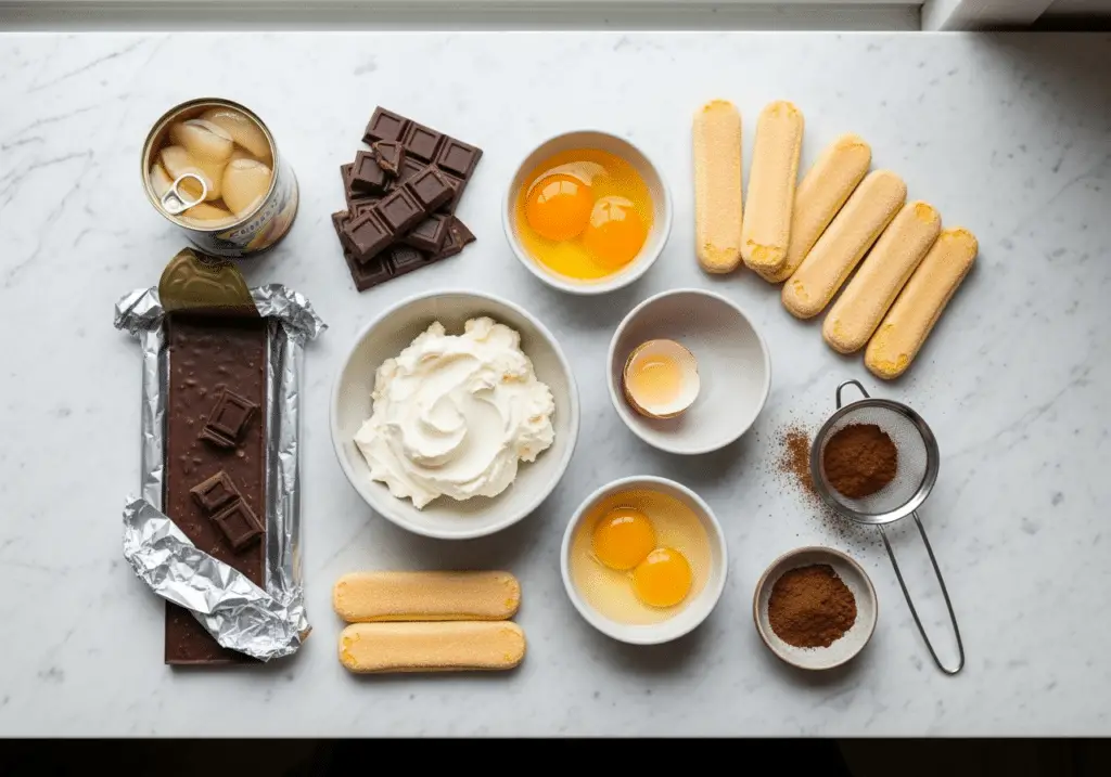 Ingrédients tiramisu chocolat : mascarpone œufs chocolat poires biscuits