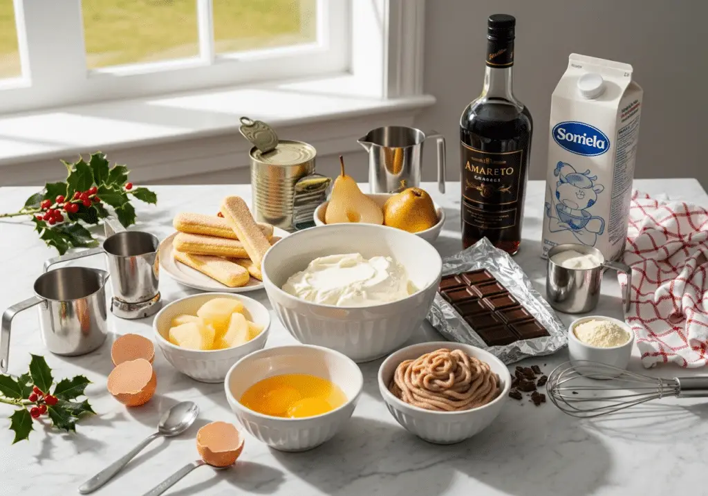 Ingrédients tiramisu Noël poires marrons chocolat festifs qualité premium