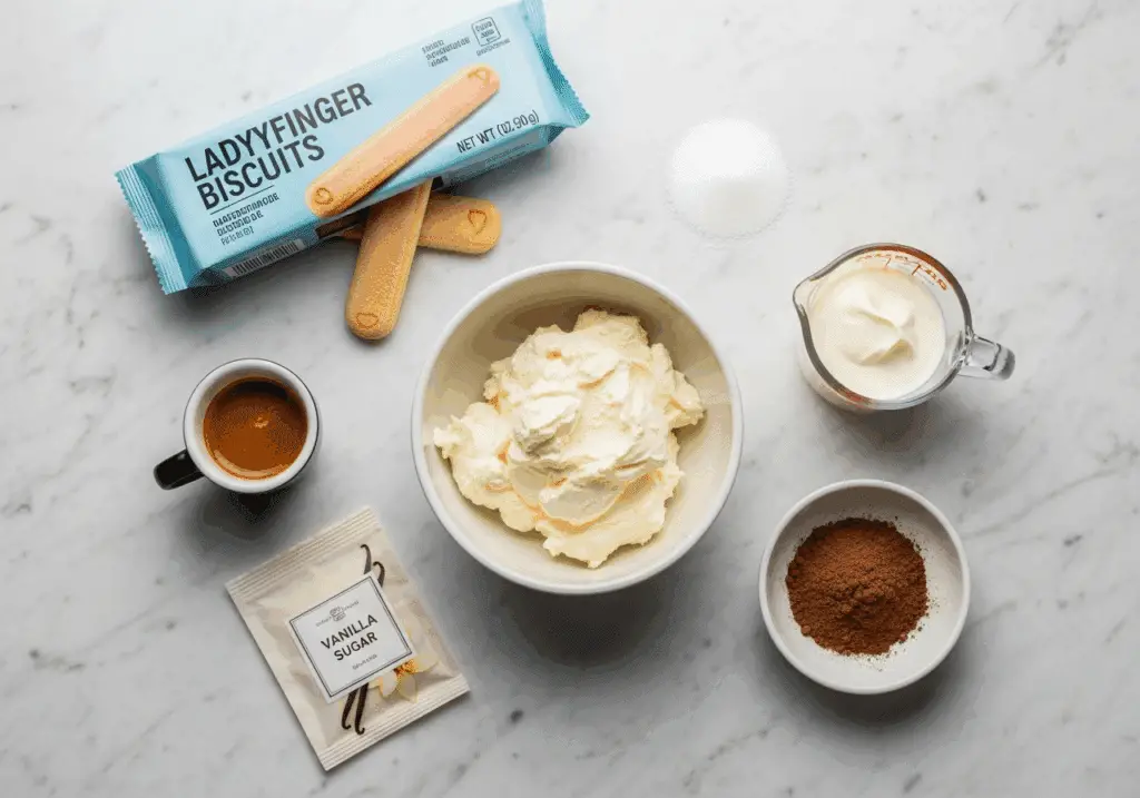 Ingrédients tiramisu sans œufs : mascarpone crème biscuits café cacao
