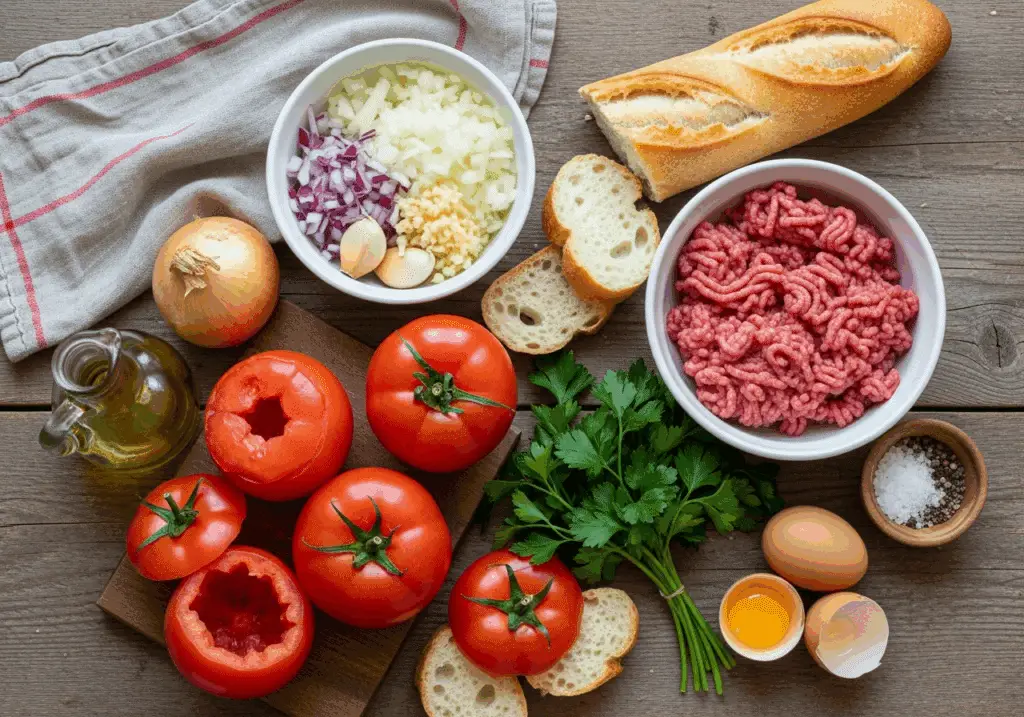 Ingrédients frais pour tomates farcies à l'ancienne disposés style traditionnel