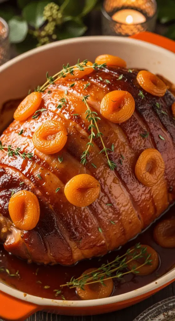 Jambon abricot thym glaçage doré brillant provençal méditerranéen ensoleillé