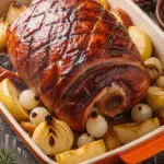 Jambon Noël cidre pommes caramélisées normand plat fonte rustique