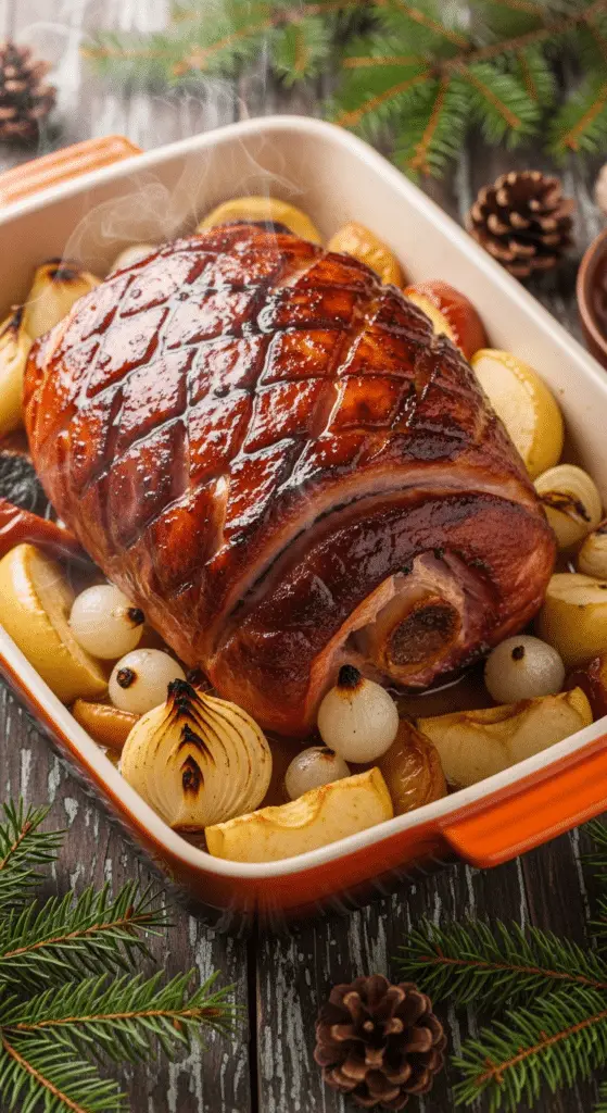 Jambon Noël cidre pommes caramélisées normand plat fonte rustique