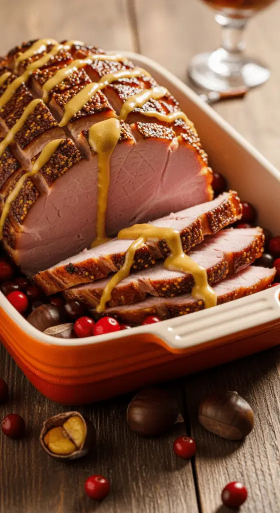 Jambon Noël miel moutarde châtaignes glaçage doré caramélisé festif
