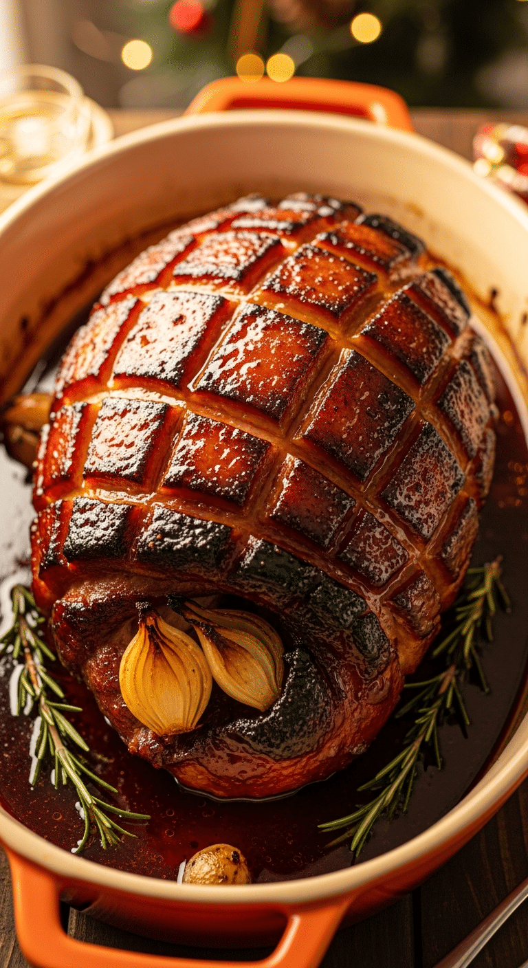 Jambon de Noël sirop érable whisky glacé brillant caramélisé doré festif