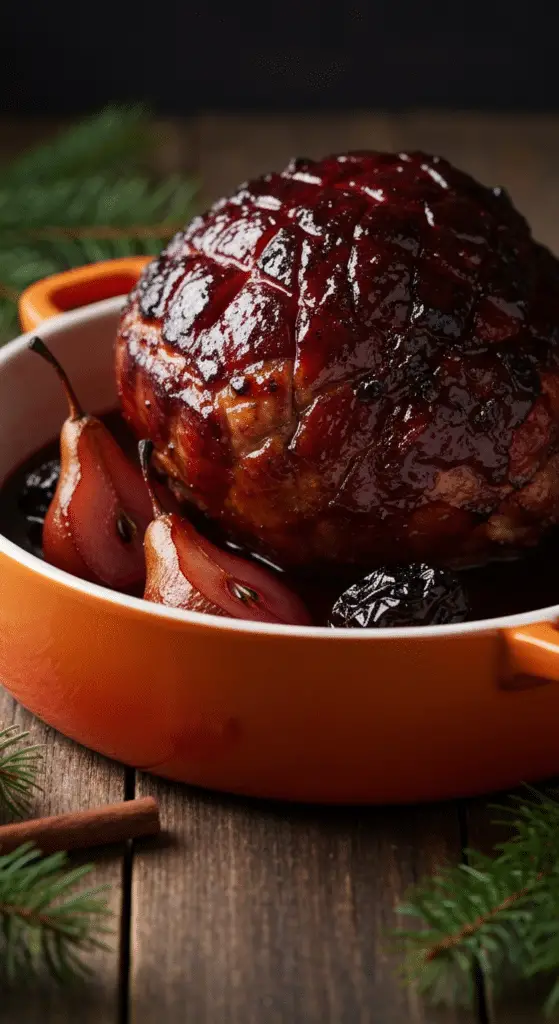 Jambon porto pruneaux sauce veloutée noble raffinée gastronomique élégante