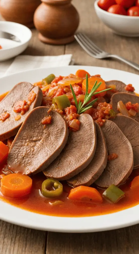 Langue de boeuf sauce tomate tranches tendres fondantes mijotées traditionnelles