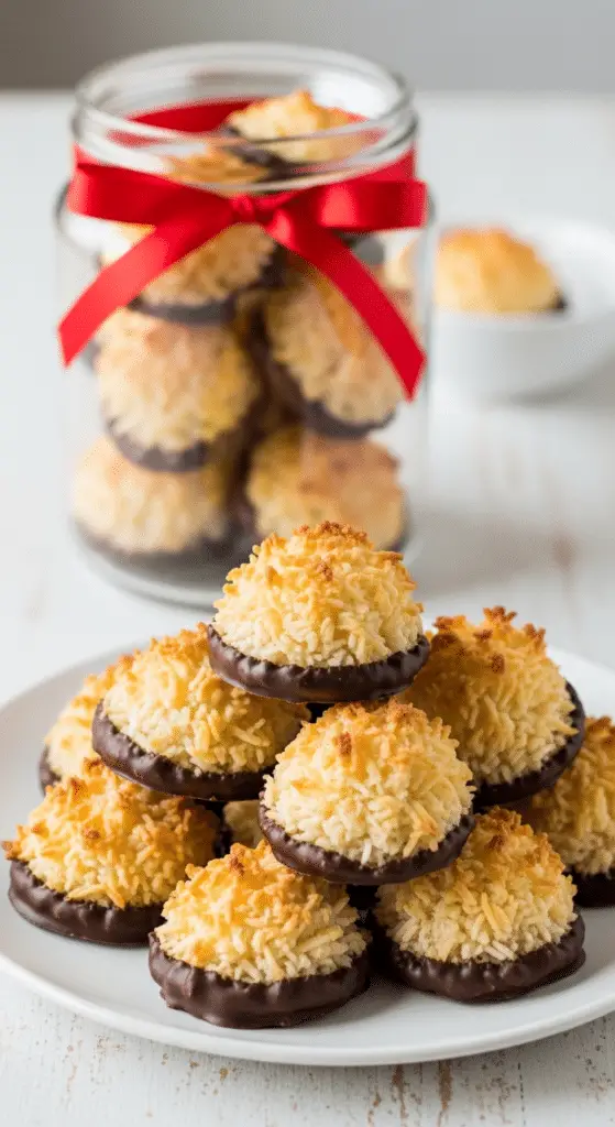 Macarons Noël noix coco bocal cadeau ruban rouge élégant