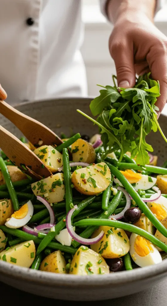 Mélange délicat salade pommes terre légumes verts herbes vinaigrette citronnée