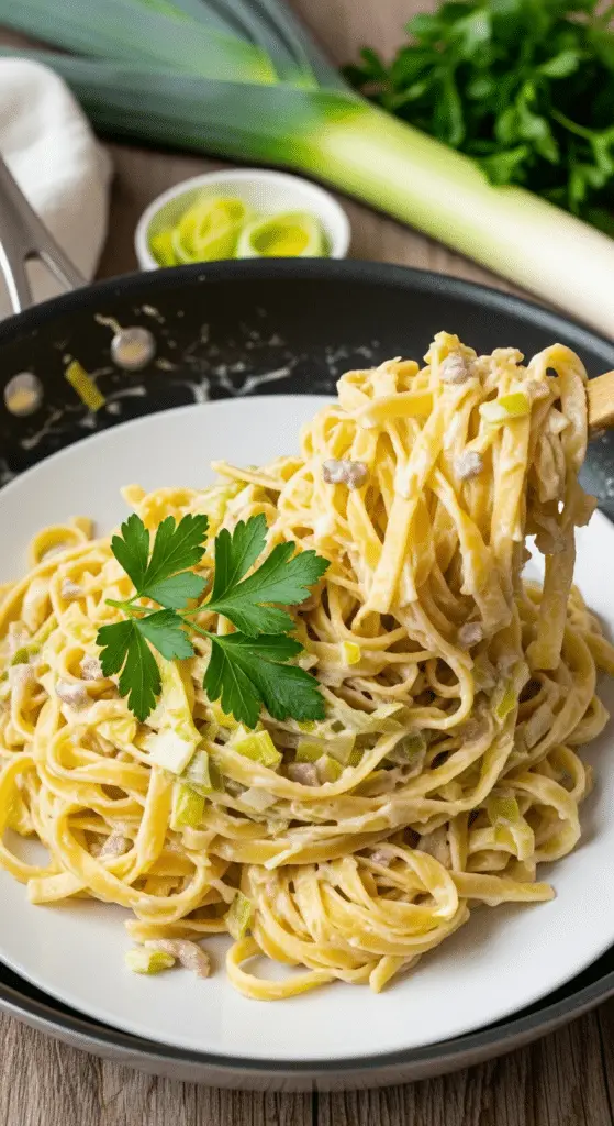 Mélange tagliatelles avec sauce crémeuse poireaux lardons dans grande poêle