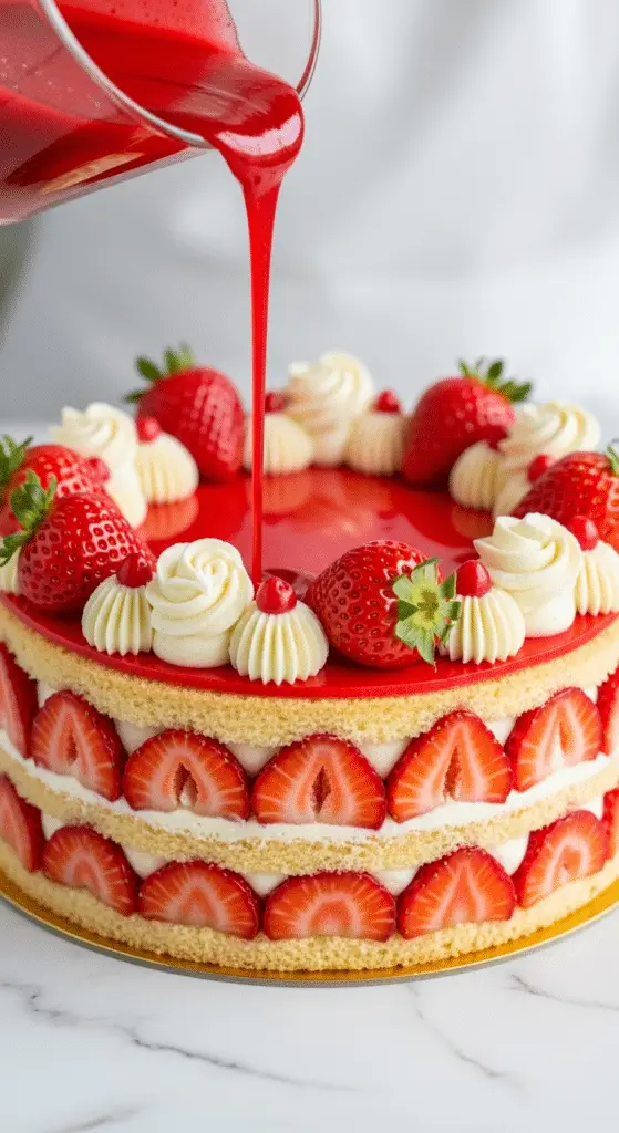 Application nappage rouge brillant sur fraisier pour finition glacée parfaite