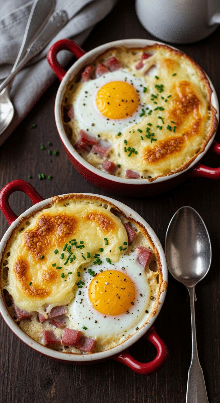 Œufs cocotte gratinés jambon fromage doré crémeux parfait