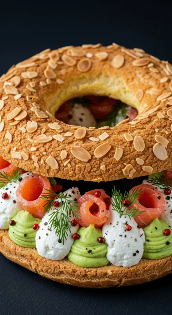 Paris-Brest salé avocat fromage saumon pâte choux amandes garniture raffinée
