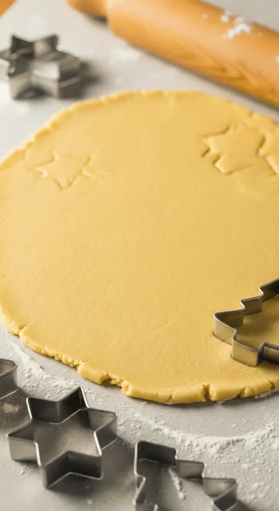 Pâte sablée biscuits Noël étalée emporte-pièces festifs farine