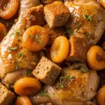 Poulet mijoté miel pain d'épices abricots cocotte sauce dorée festif