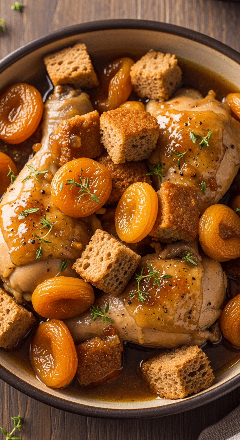 Poulet mijoté miel pain d'épices abricots cocotte sauce dorée festif