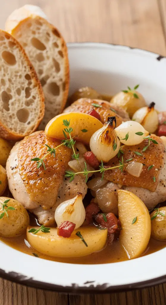 Poulet à la normande traditionnel sauce crémeuse cidre pommes caramélisées régional