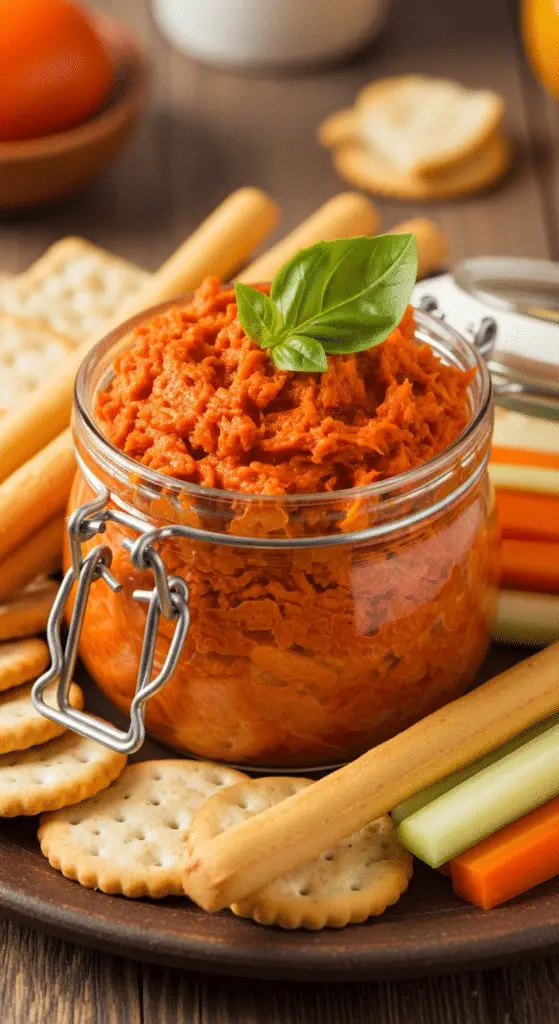 Présentation appétissante rillettes chorizo avec crackers légumes gressins