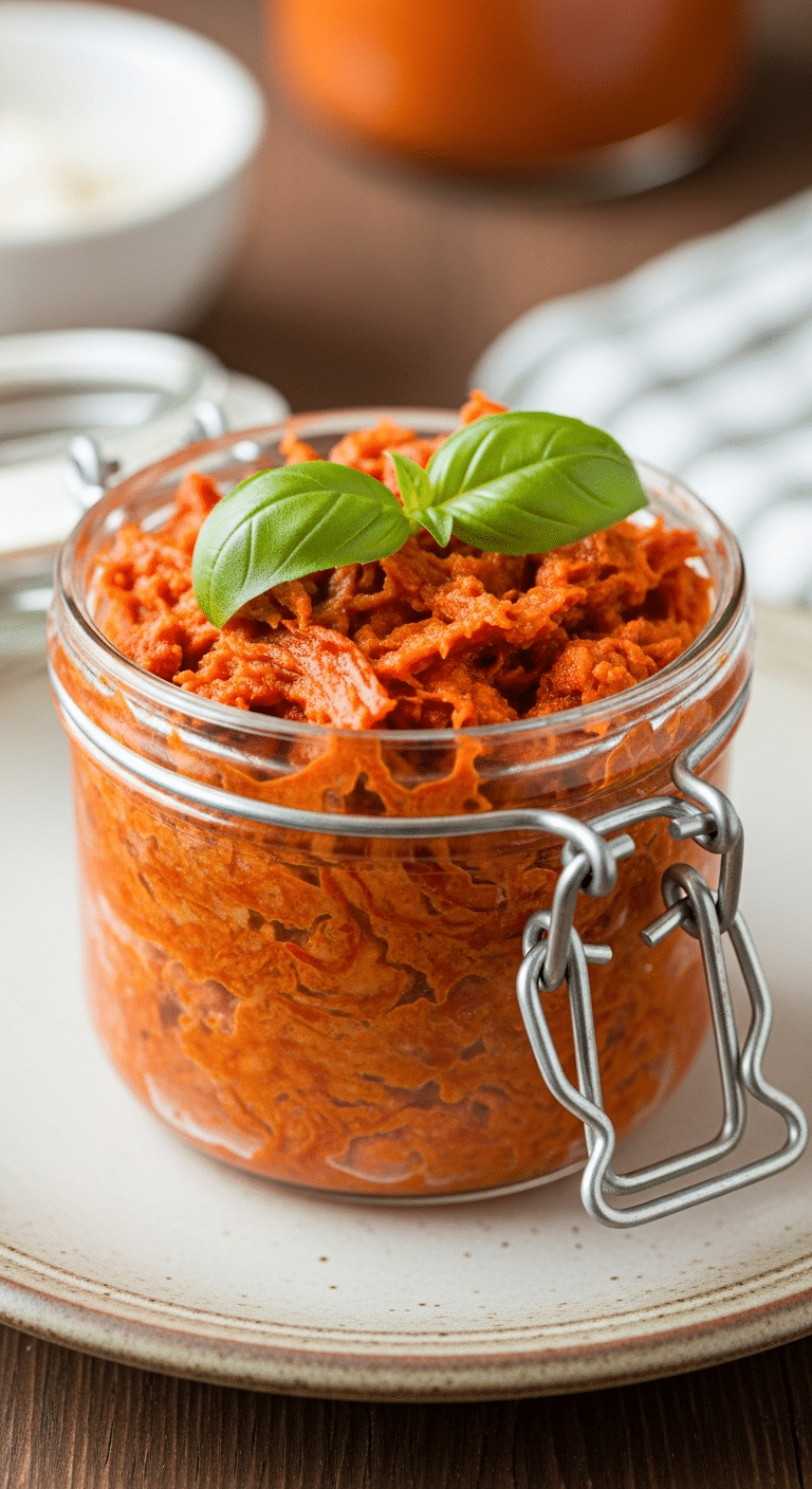 Rillettes de chorizo maison crémeuses épicées dans bol rustique avec basilic