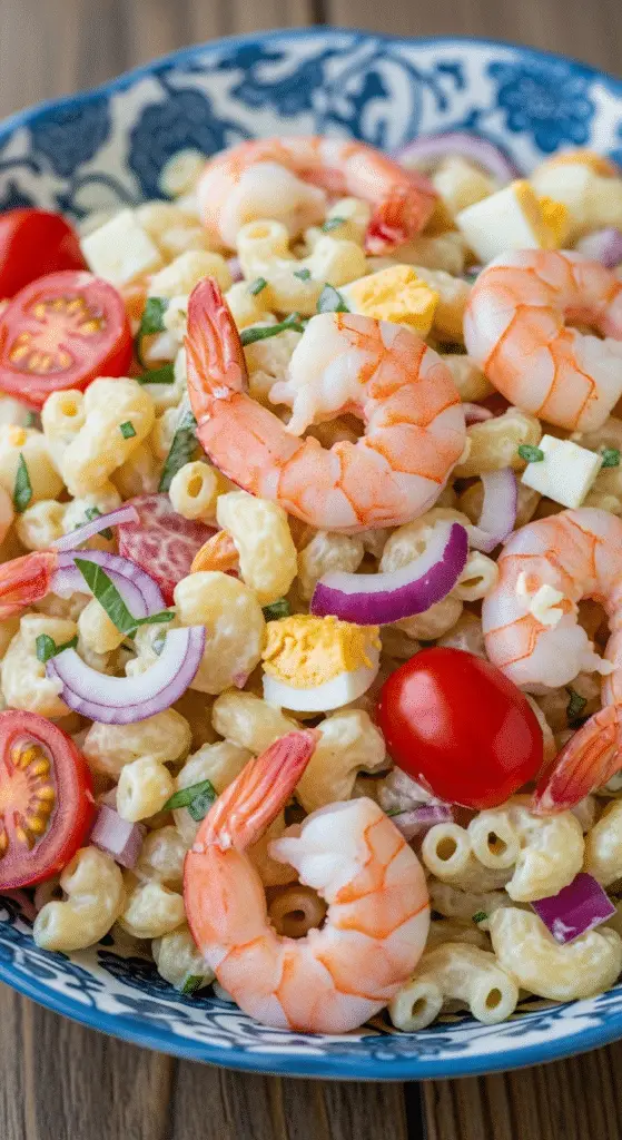 Salade de pâtes aux crevettes fraîche colorée appétissante