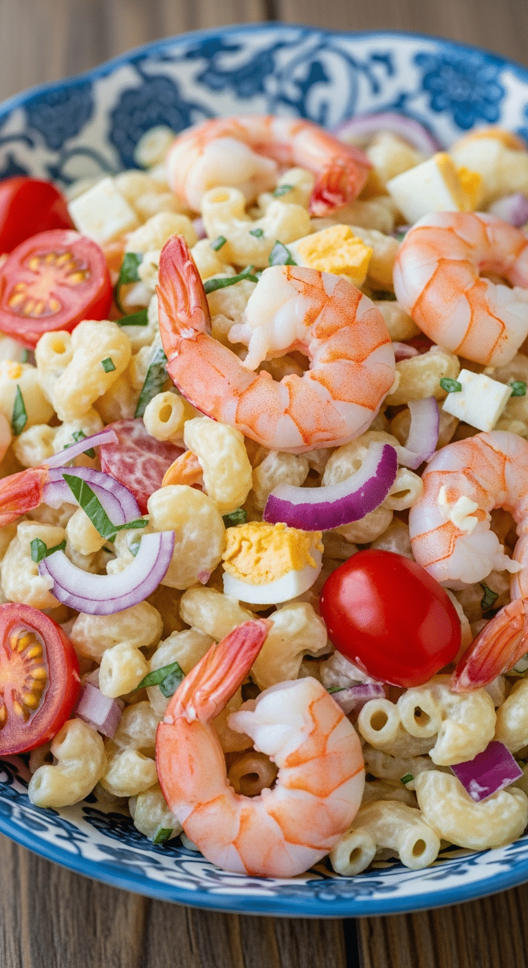 Salade de pâtes aux crevettes fraîche colorée appétissante