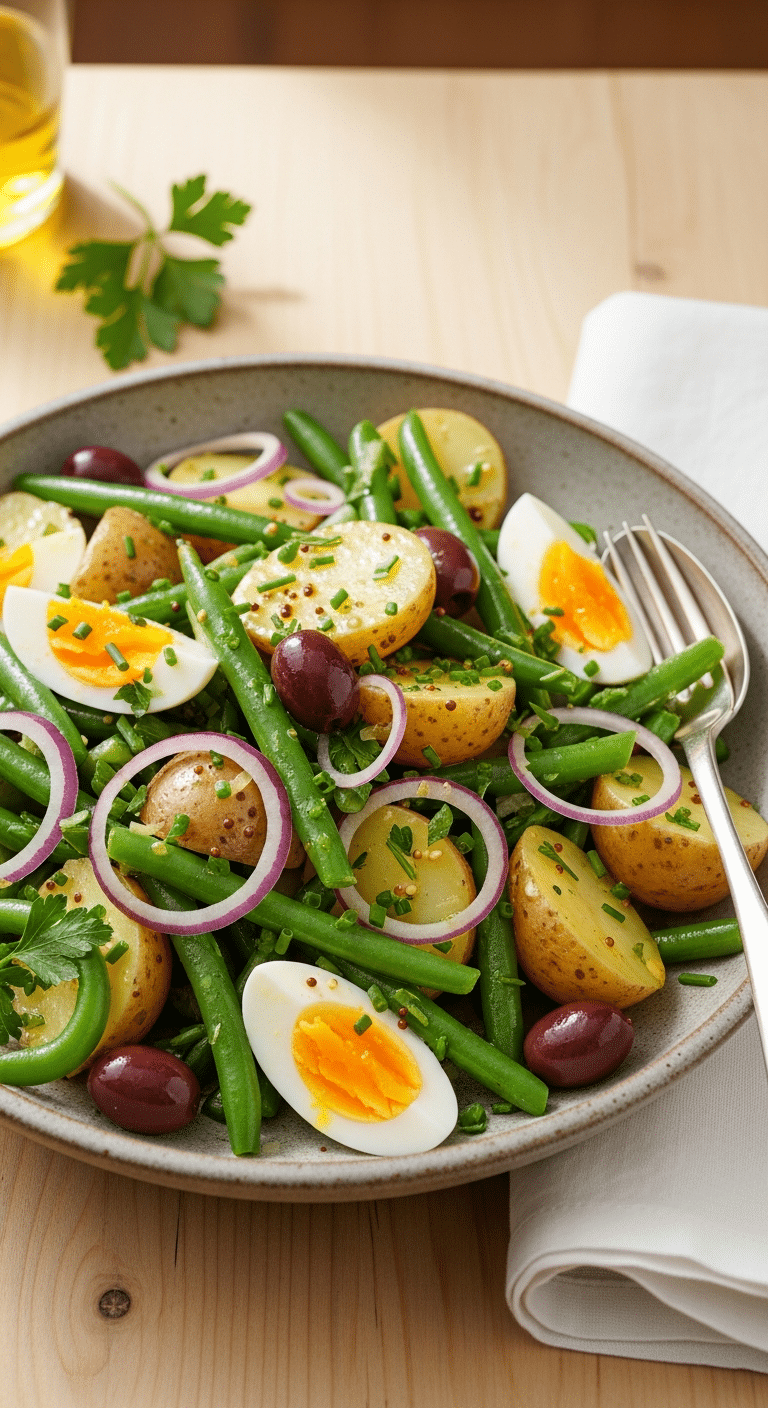 Salade pommes terre haricots verts fraîche légumes croquants vinaigrette citronnée