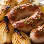 Saucisses moutarde oignons fondants sauce crémeuse dorées bistrot rustique