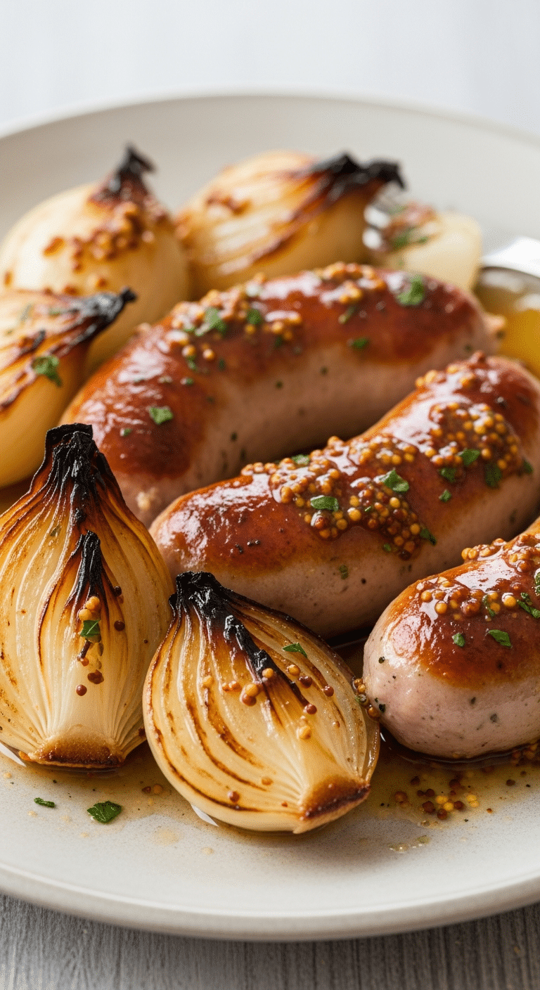 Saucisses moutarde oignons fondants sauce crémeuse dorées bistrot rustique