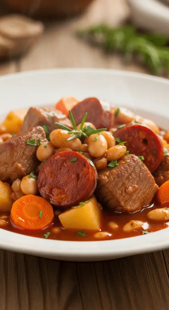 Assiette généreuse mijoté porc chorizo haricots coco sauce onctueuse pain